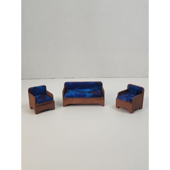 Other - Vintage Dollhouse Miniature Wood Sofa 2 Chairs Living Room Set Sturdy Handmade